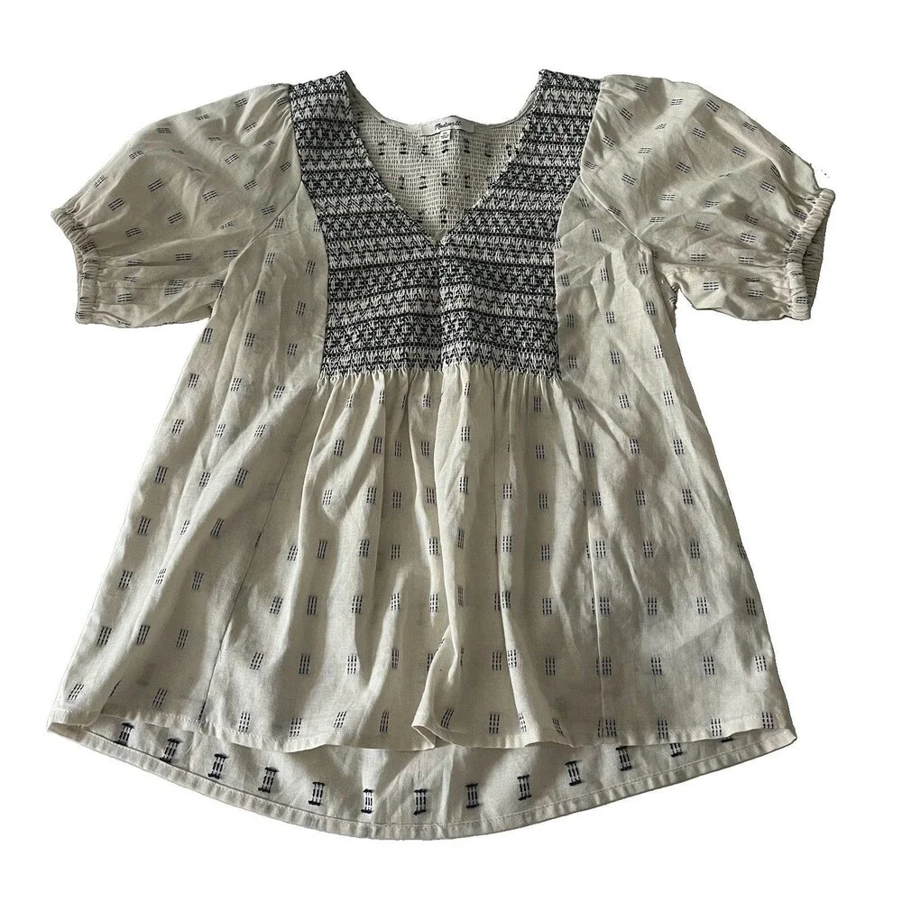 Madewell Embroidered Smocked V Neck Puff Sleeve Peasant Top Cream Navy XS